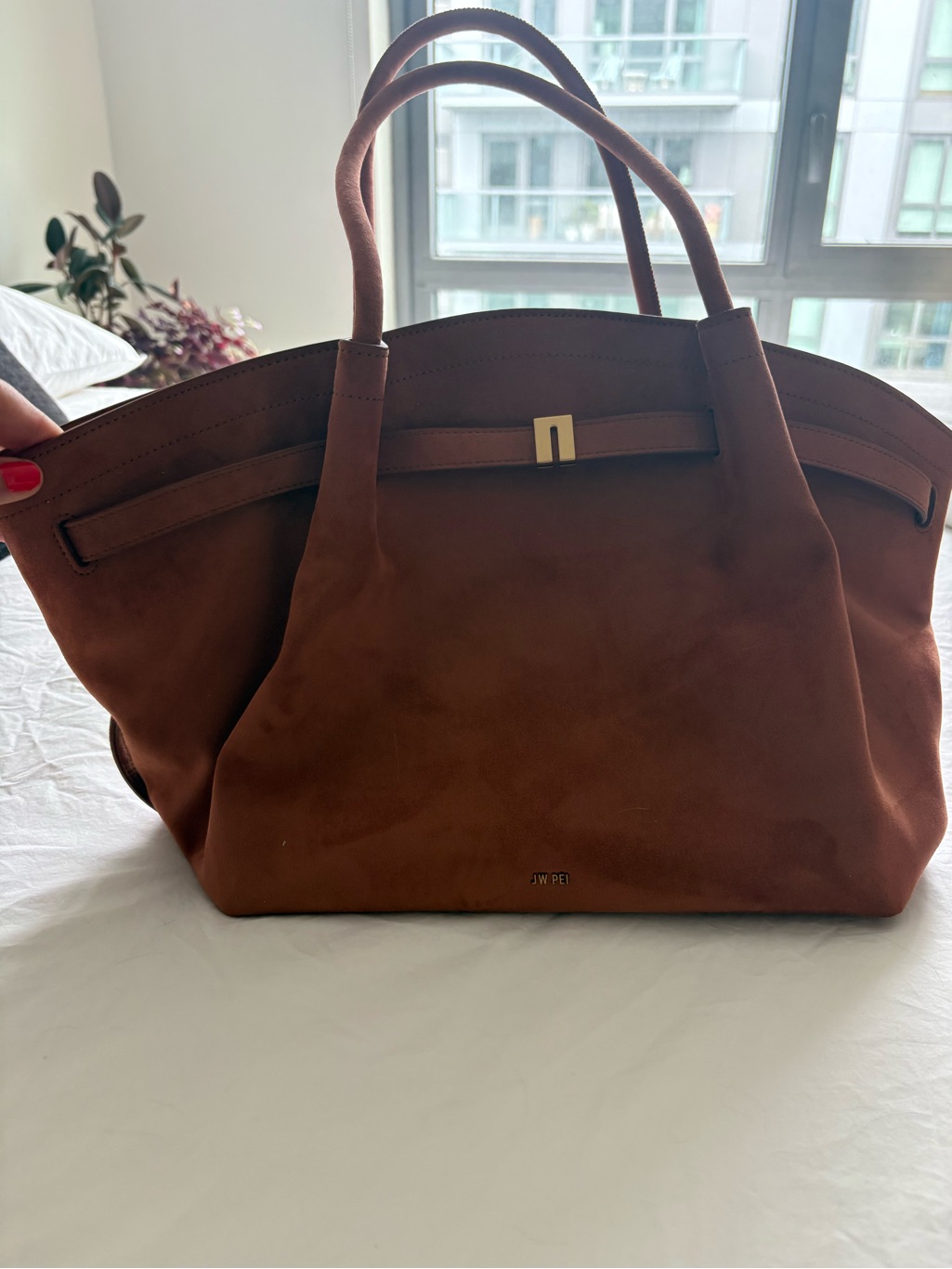 Jw Pei Taupe Suede Tote Bag With Top Handles